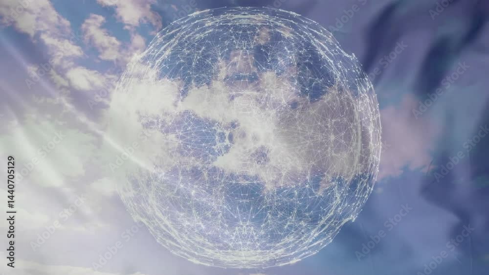 Aufkleber digital data network mesh floating over soft clouds, using glowing nodes and geometric overlay
