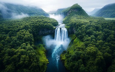 Fototapeta premium Majestic waterfall cascading through lush green forest valley