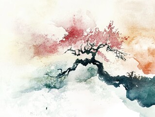 Obraz premium Abstract Watercolor Tree. Watercolor Illustration of Tree. Hand Painted Chinese Style.