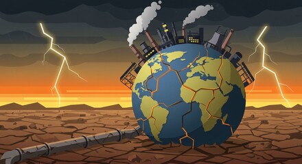 This image illustrates the negative impact of industry and pollution on the Earth, depicting a cracked planet under a stormy sky. It conveys a sense of environmental crisis and destruction.
