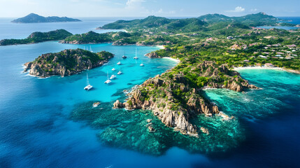 Obraz premium Aerial view of idyllic tropical islands with sailboats in crystal clear waters