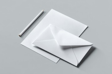 White envelope and stationery on grey surface, perfect for writing personal letters or notes at home or office
