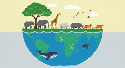 This illustration depicts a cross-section of the Earth showcasing various land and marine animals in their habitats. 
