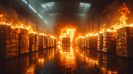 Intense warehouse fire consuming storage boxes, highlighting safety protocols