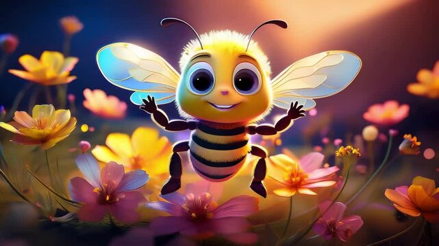 Cute Cartoon Bumble Bee Bug Dancing in the Flowers
