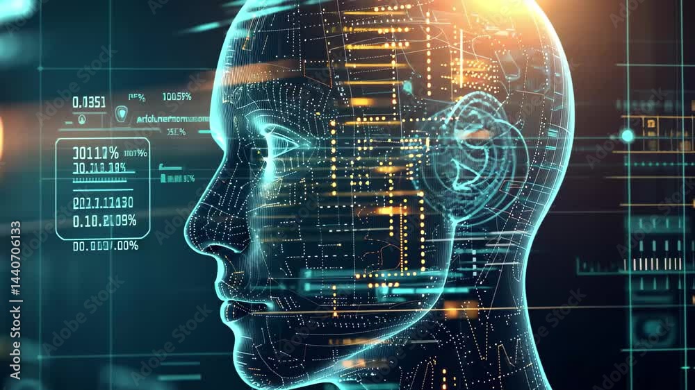 Poster artificial intelligence analyzes complex data patterns in a futuristic environment, showcasing a dig