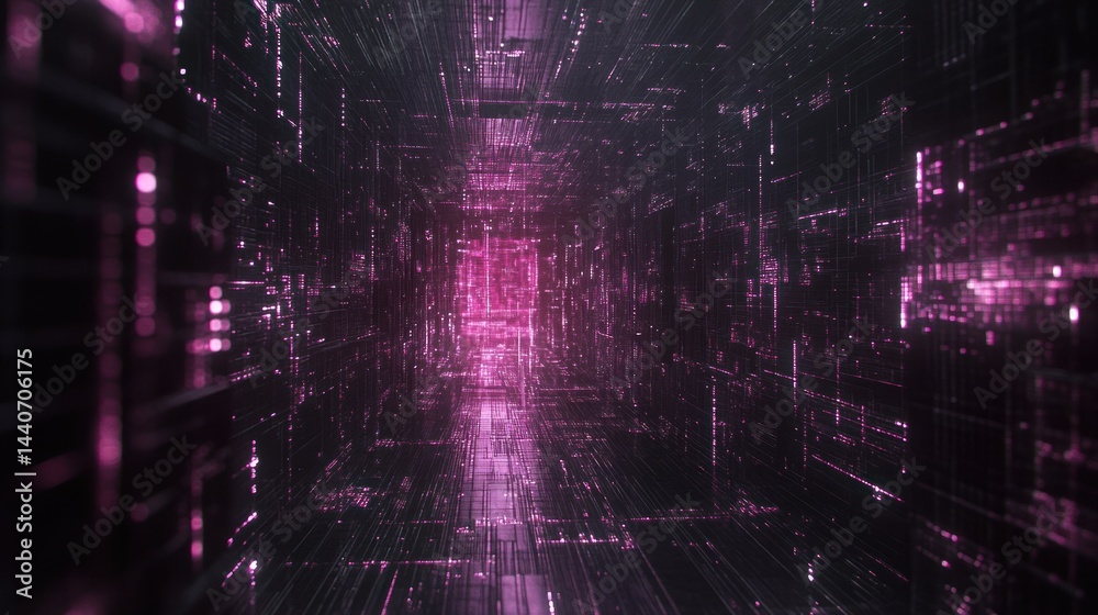 Poster abstract digital tunnel with glowing pink lines and data streams.