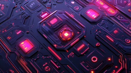 Futuristic neon-lit circuit board with glowing components and intricate design.