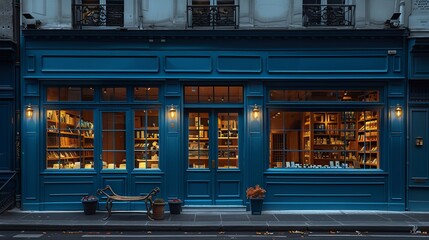 Quaint French vintage commercial storefront, blue painted façade with an elegant vitrine, under soft overcast skies 