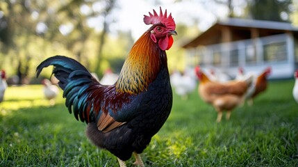 Fototapeta premium Vibrant rooster standing proudly in sunlit farmyard environment