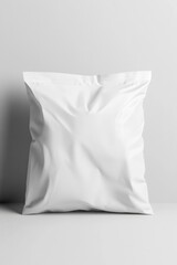 Minimalist white blank pouch mockup for food product showcasing clean design and versatile packaging solution against a neutral backdrop in studio light
