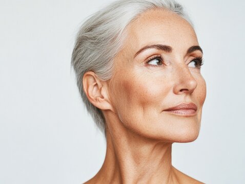 Elegant mature caucasian female with silver hair and graceful gaze