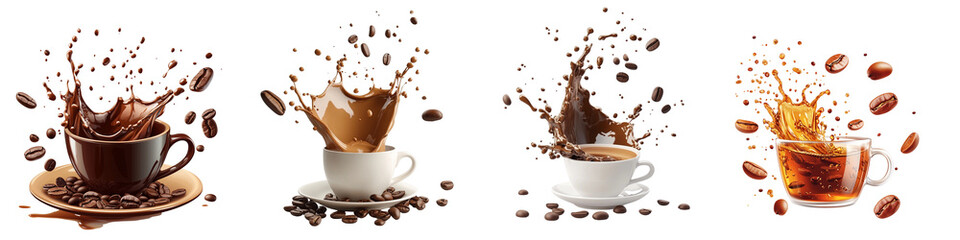 Obraz premium Set of a coffee splash with coffee beans and a cup, isolated on a transparent background.