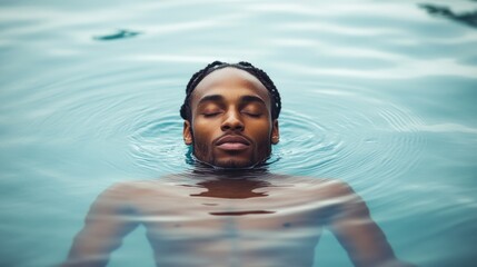 Calm african male adult floating peacefully in blue water with eyes closed