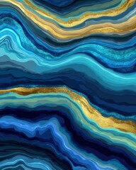 Abstract fluid art painting with blue and gold waves creating a serene and luxurious visual experience with a modern artistic style and a captivating aesthetic