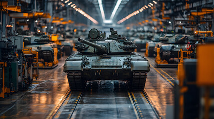 Military tanks aligned inside a production facility, symbolizing manufacturing and defense industry strength