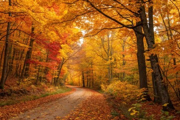 Vibrant Autumn Pathway Through a Forest of Golden Leaves - generated by ai