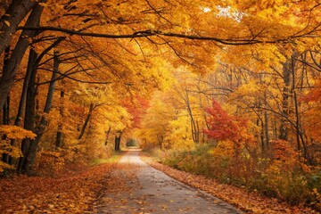 Vibrant Autumn Pathway Through a Forest of Golden Leaves - generated by ai
