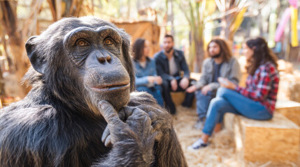 Thoughtful chimpanzee observing group discussion in natural habitat