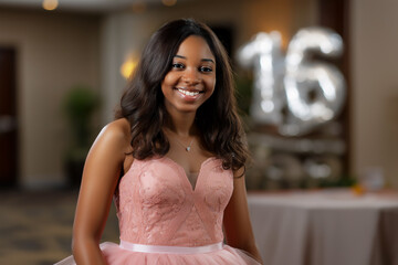 Smiling African-American girl celebrating her sweet 16 birthday, copy space