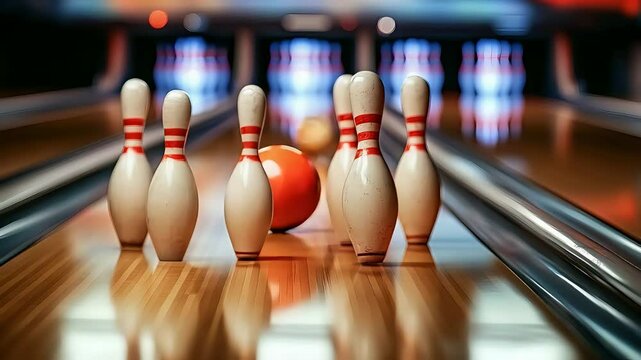 Bowling pins and ball on lane with vibrant background lighting in a modern bowling alley

