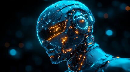 Futuristic cybernetic humanoid with neon blue and orange lights