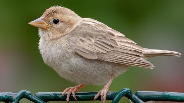Close-up view of a small sparrow perched on a green chain-link fence amidst a soft, neutral background in high-resolution detail