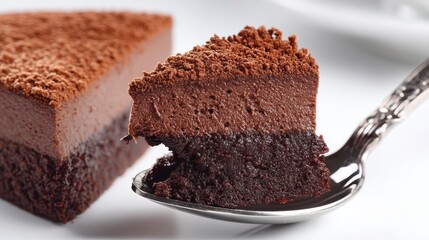 a fresh slice of chocolate cake with a spoon on a white isolated background, rich and indulgent design