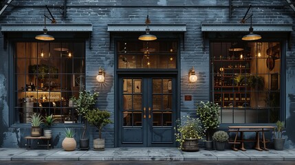 Stylish grey brickwall boutique facade mockup template, with a sophisticated blend of brick and metal finishes, subtle industrial-inspired design 