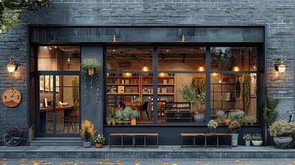 Stylish grey brickwall boutique facade mockup template, with a sophisticated blend of brick and metal finishes, with planter boxes and clean signage area 