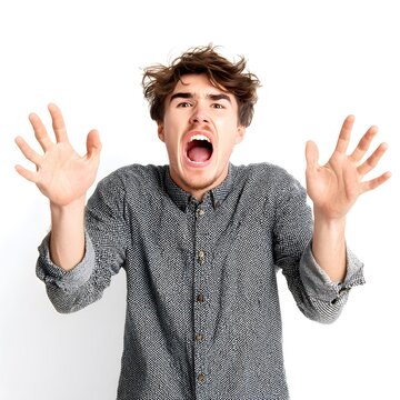 A young man with messy hair wearing a patterned shirt yelling with his arms raised on a white background