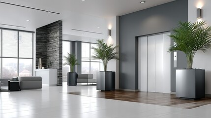 Fototapeta premium The stunning white front door of a contemporary luxury residence is gracefully framed by vibrant greenery and beautifully arranged decorative pots