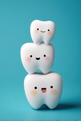 Adorable dental health concept featuring stacked cartoon teeth on a blue background promoting oral care and hygiene with a playful and inviting style