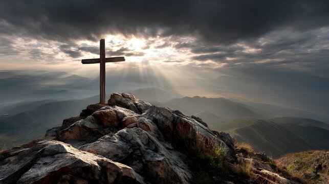 Cross on Mountain Peak:  A wooden cross stands tall atop a rugged mountain peak, bathed in the radiant glow of the setting sun, as dramatic clouds gather above.