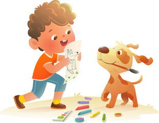 Creative preschool child boy drawing pictures and play with friend dog. Fun and creative drawing activity for kids with art, craft and painting projects. Vector clip art preschool kids cartoon