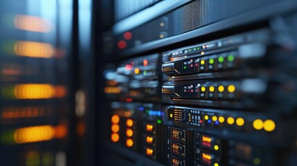 Obraz premium Close-up of glowing server racks with colorful indicator lights in a modern data center, ideal for IT marketing, cloud storage promotions, cybersecurity, and tech branding