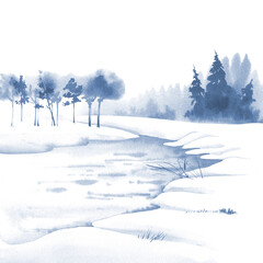 Winter landscape, snow-covered firs and river. Watercolor monochrome illustration of lake in snow with forest. Minimalistic background for card, poster, banner design. Winter holidays