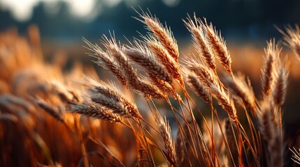 Golden wheat field at sunset with sunlit grains swaying in the breeze