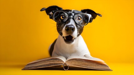 Intelligent Dog: A clever dog sporting spectacles, its gaze fixed upon an open book, exuding an air of scholarly curiosity in a vibrant display.