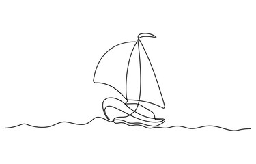 Continuous one line drawing of sailboat. Business icon. Vector illustration, Sailboat single minimal line drawing on white background, Sea boat vector illustration in doodle style.