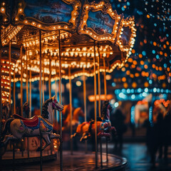 Illuminated carousel at night.  Colorful lights, vintage horses
