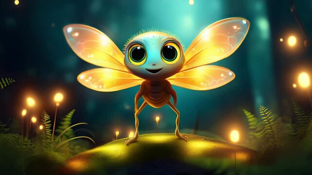 Cute Cartoon Firefly Lightening Bug Dancing in the Forest