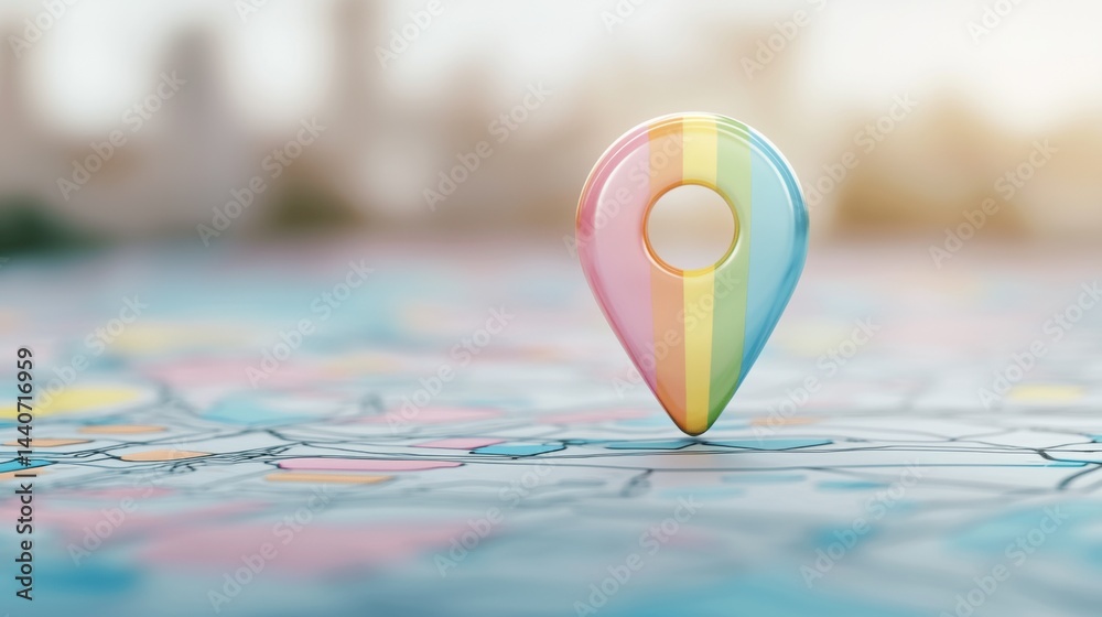 Poster icon pin location rainbow 3d rainbow pin location icon with a glossy finish, placed on a colorful ma