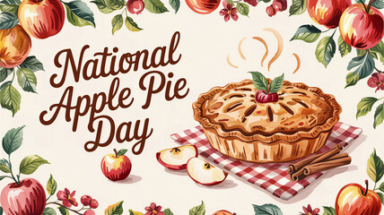 National Apple Pie Day lettering greeting poster with watercolor illustration of baked apple pie, cinnamon sticks and red apple slices generative ai