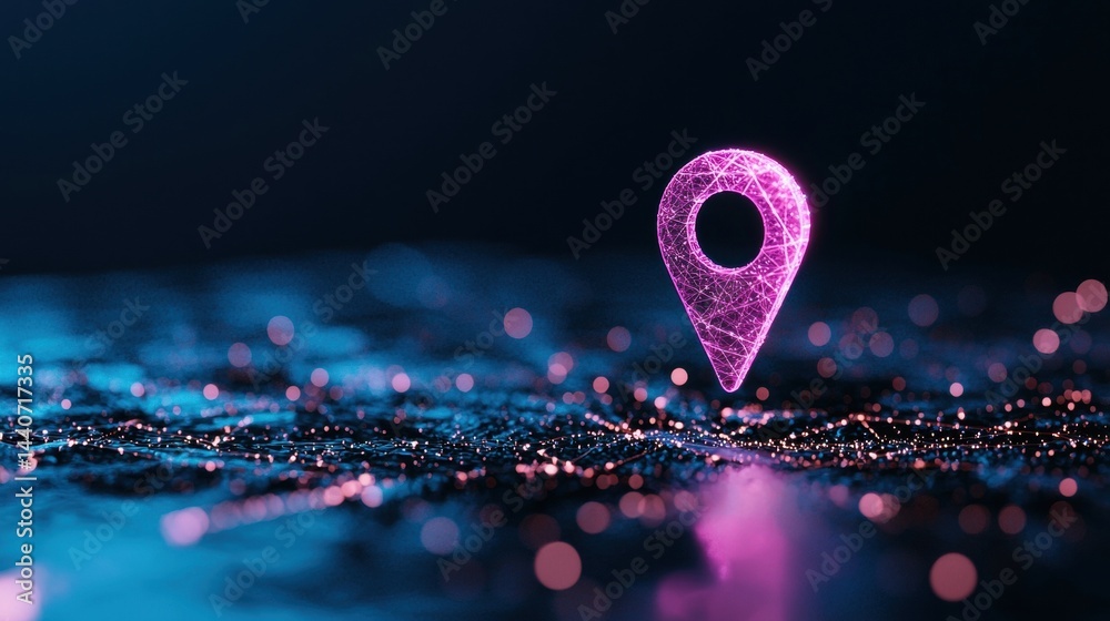Poster Icon Pin Location futuristic Geometric pin icon made of interconnected lines and nodes, placed on a digital map with glowing data points, symbolizes a complex network or system