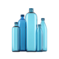 Collection of various sized blue glass bottles, standing upright, showcasing their transparent and reflective surfaces. bottles vary in height and shape, creating interesting visual arrangement