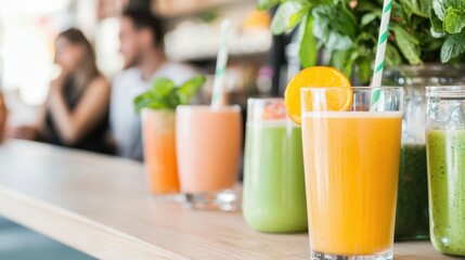 Hangout Area Concept, Trendy Juice Bar Scene with People Enjoying Fresh Smoothies and Colorful Beverages in a Lively Atmosphere