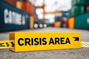 Crisis area warning sign in shipping container yard