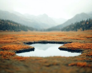 Misty mountain meadow with a tranquil pond