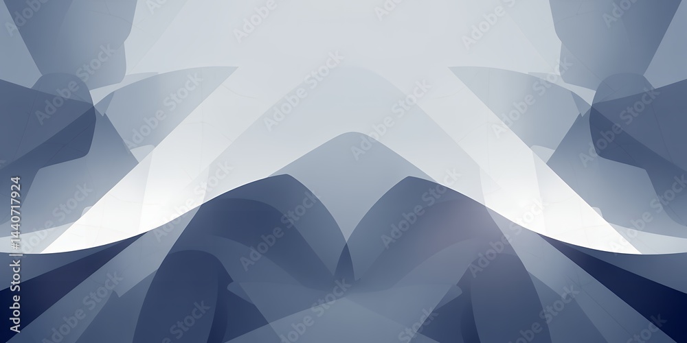 Poster abstract blue and white shapes overlapping creating a symmetrical mountain like form design